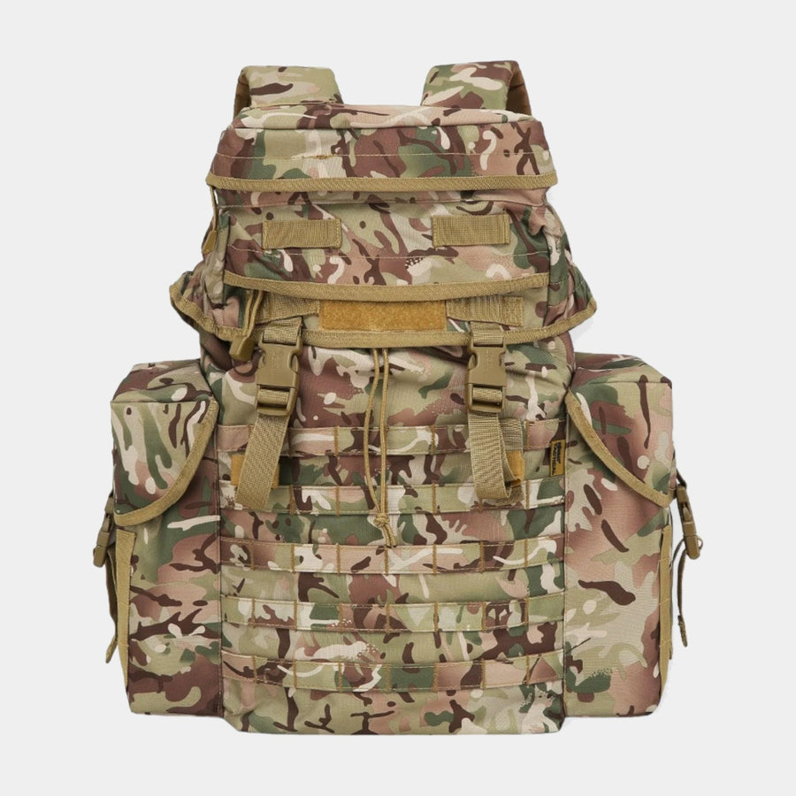 Kombat UK BTP camouflage backpack with padded airflow back system and wide shoulder straps. Includes fixed side pockets, zipped lid pockets, and Molle-compatible front panel. For military, camping, hiking and outdoor use.