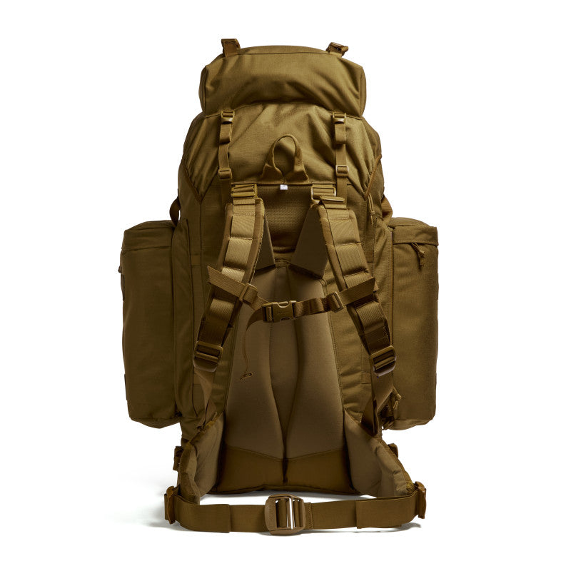Rear view of the Berghaus Vulcan V MMPS backpack in earth brown displaying padded back system, shoulder harness, and hip belt.