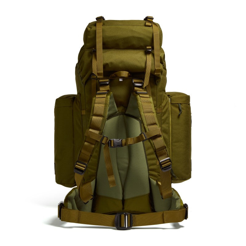 Rear view of the Berghaus Vulcan V MMPS cedar backpack showing Cyclops II back system, padded shoulder straps, and load-bearing hip belt.