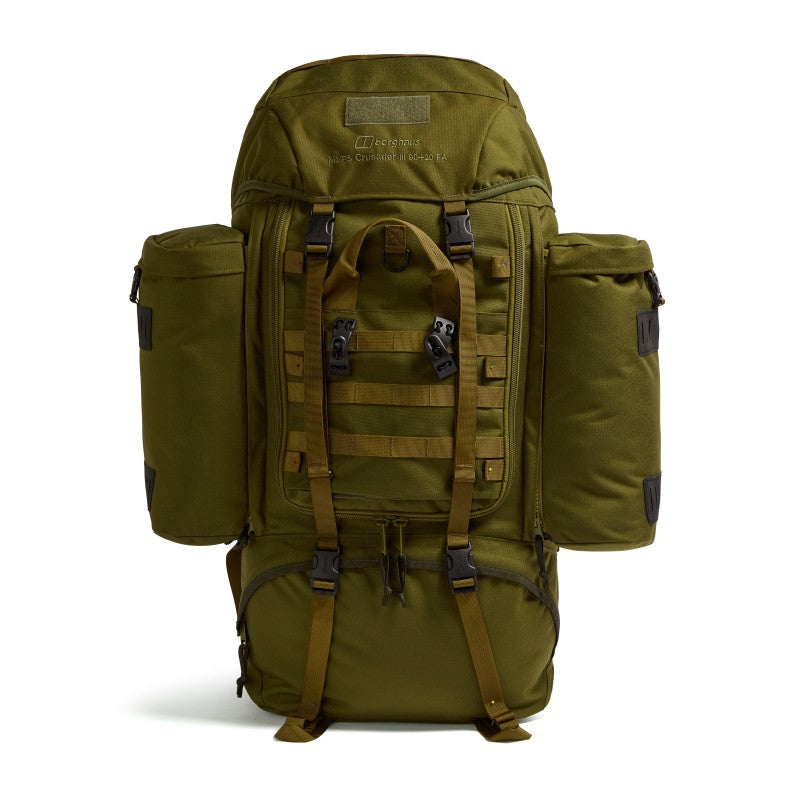 Front view of the Crusader 90 + 20 FA MMPS rucksack with twin side pouches, MOLLE webbing, and front access panel in olive green.