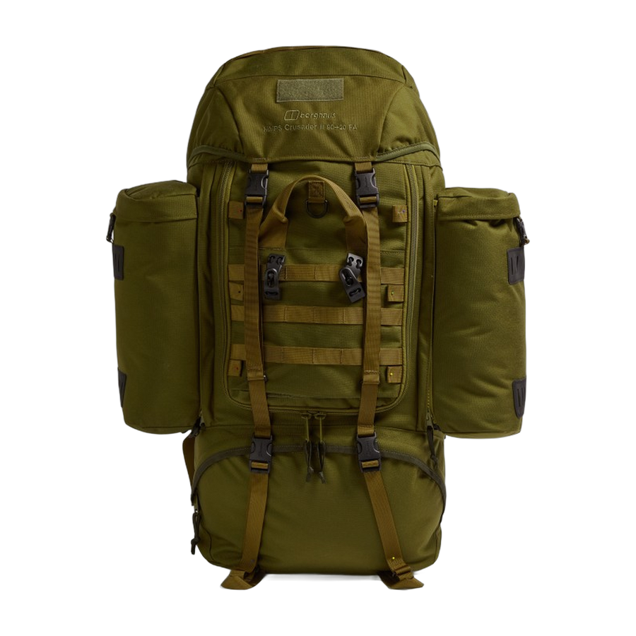 Front view of the Crusader 90 + 20 FA MMPS rucksack with twin side pouches, MOLLE webbing, and front access panel in olive green.