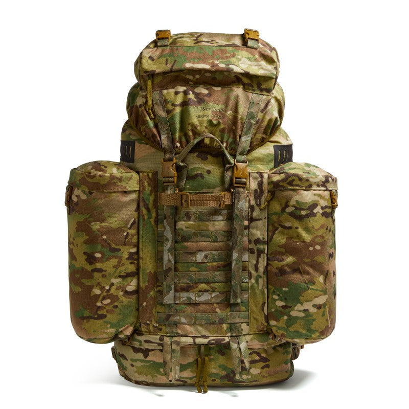 Front view of the Berghaus Vulcan V MMPS rucksack in MTP multicam camouflage showing detachable side pockets, MOLLE webbing, and lid closure.
