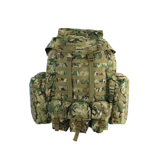 Large 100-litre capacity backpack with removable floating lid and sturdy polycarbonate construction. Designed for comfort with airflow spacer fabric back and padded shoulder straps. Features utility pockets, Molle straps, side zips, sternum strap, waist belt, compression straps, and carry handle. For military, camping and hikers