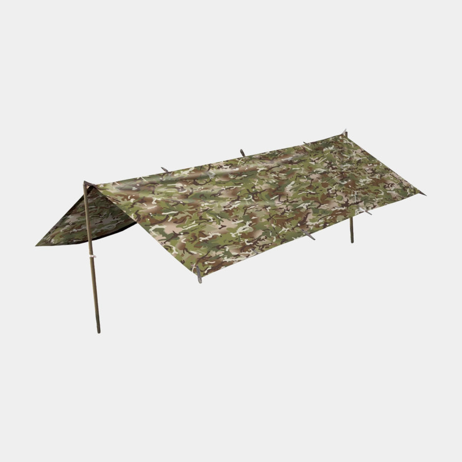 BTP camouflage ground sheet shelter used for outdoors and nicknamed a basha
