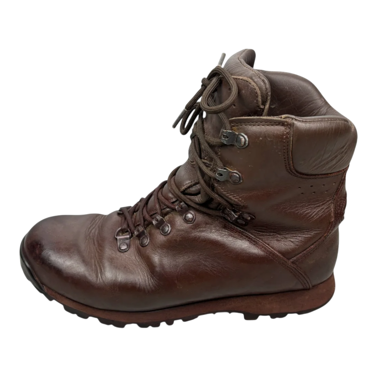 Brown leather Iturri patrol combat boot, left side profile showing lace hooks, padded ankle cuff and rubber rand, British army surplus, transparent cutout