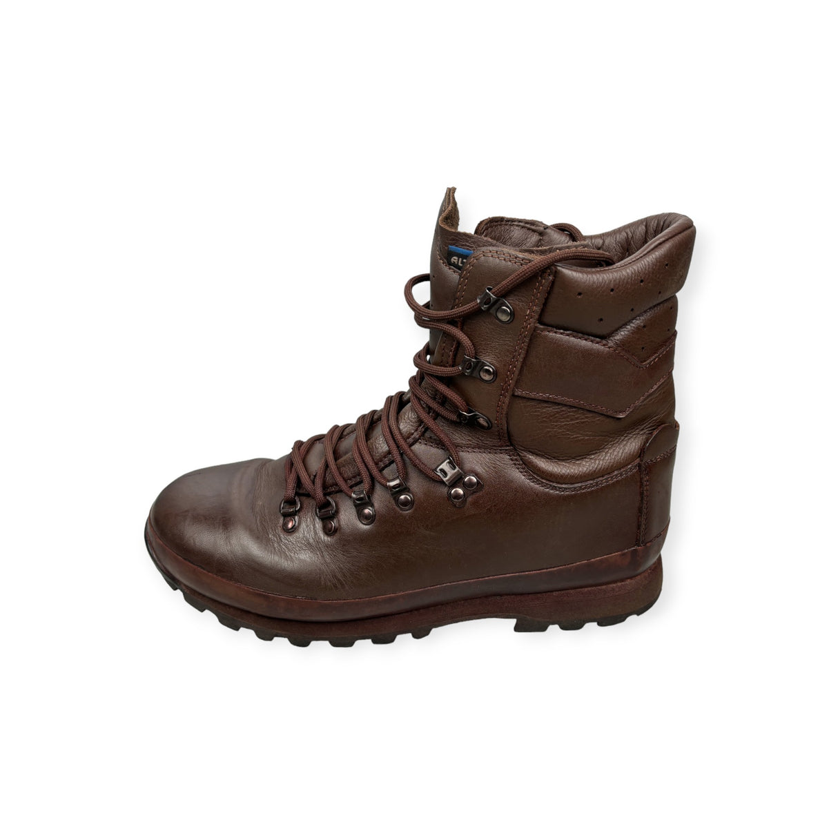 Side view of Altberg brown leather military boots with reinforced ankle support and lace-up design