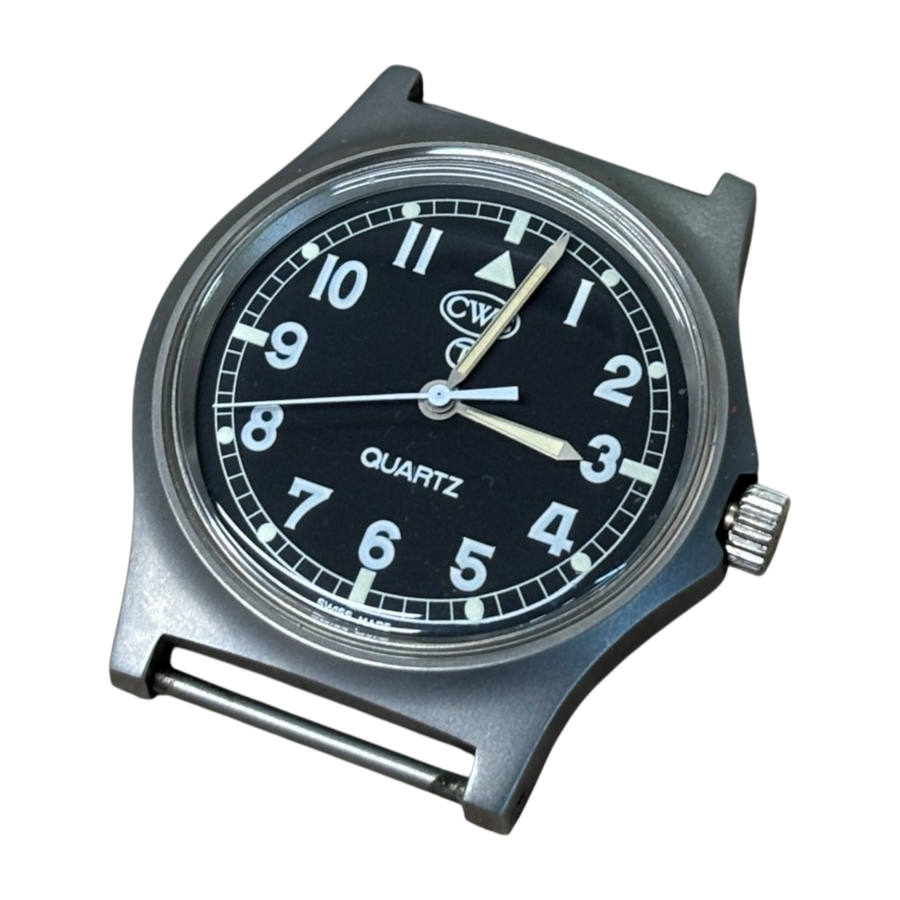 CWC G10 1989 Royal Navy issue military watch, angled view showing black dial with white Arabic numerals, tritium lume markers and fixed strap bars