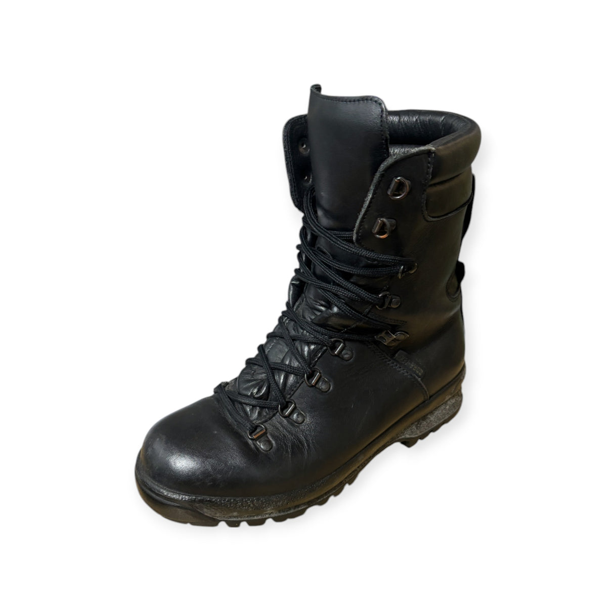 Side View of ECW Pro Boots: A side profile of the black leather ECW boots, highlighting the padded collar and sleek military design.