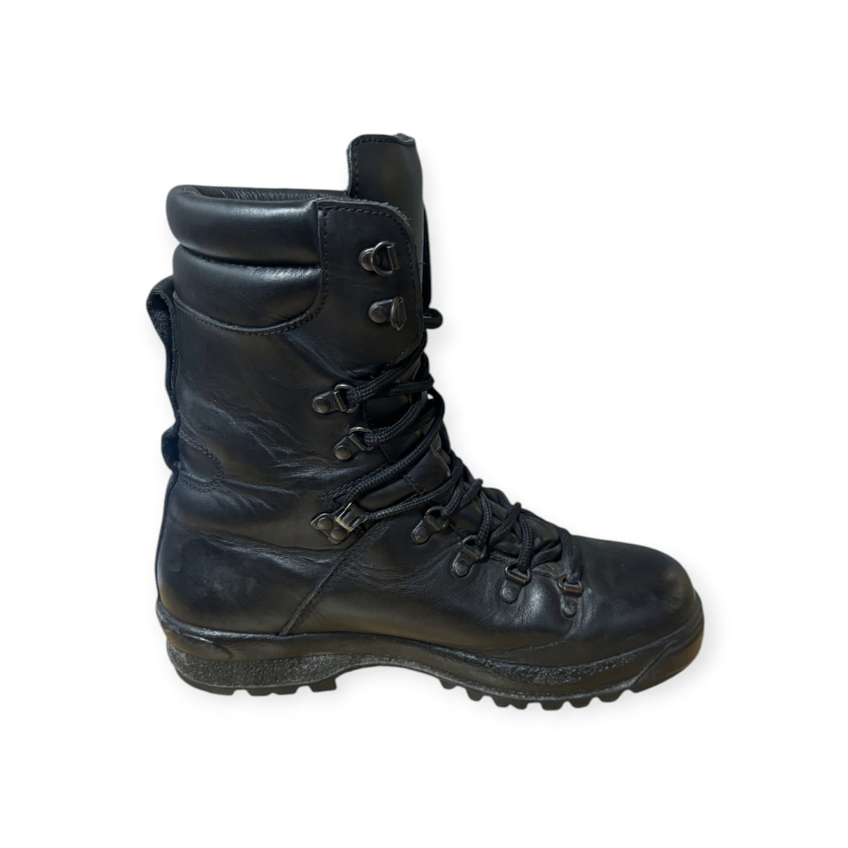Side View of ECW Pro Boots: A side profile of the black leather ECW boots, highlighting the padded collar and sleek military design.