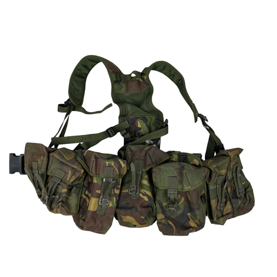 British Army PLCE webbing set in Woodland DPM camouflage, yoke, belt and ammo pouches