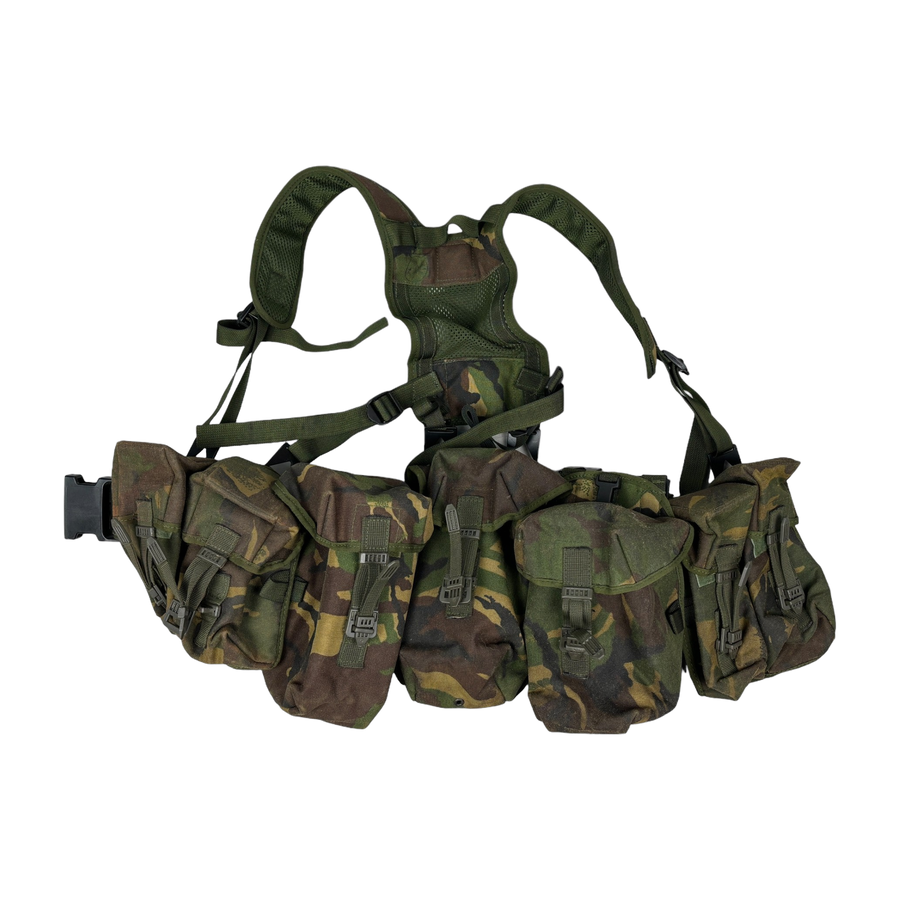British Army PLCE webbing set in Woodland DPM camouflage, yoke, belt and ammo pouches