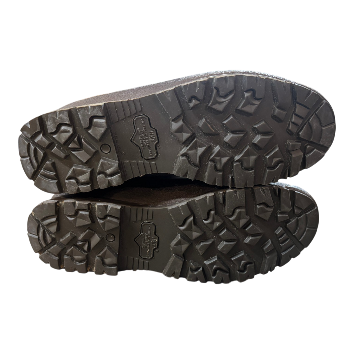 Heavy-duty tread pattern on genuine British Army HAIX High Liability combat boots, showing deep slip-resistant rubber outsole designed for military, hiking and outdoor terrain.