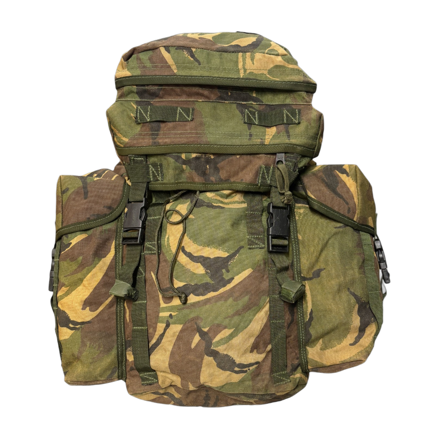 British Army DPM camo rucksack front view – military surplus bergen with side pouches and compression straps, ideal for hiking, camping, and outdoor use