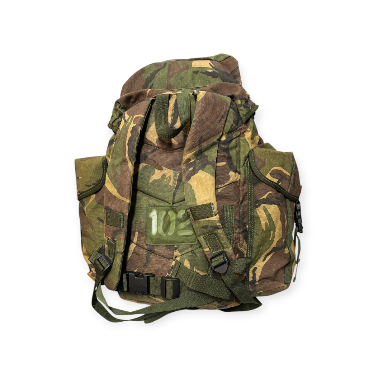 British Army DPM camouflage rucksack rear view – includes padded shoulder straps, waist belt, and "102" stencil marking, authentic military surplus pack for bushcraft and adventure gear