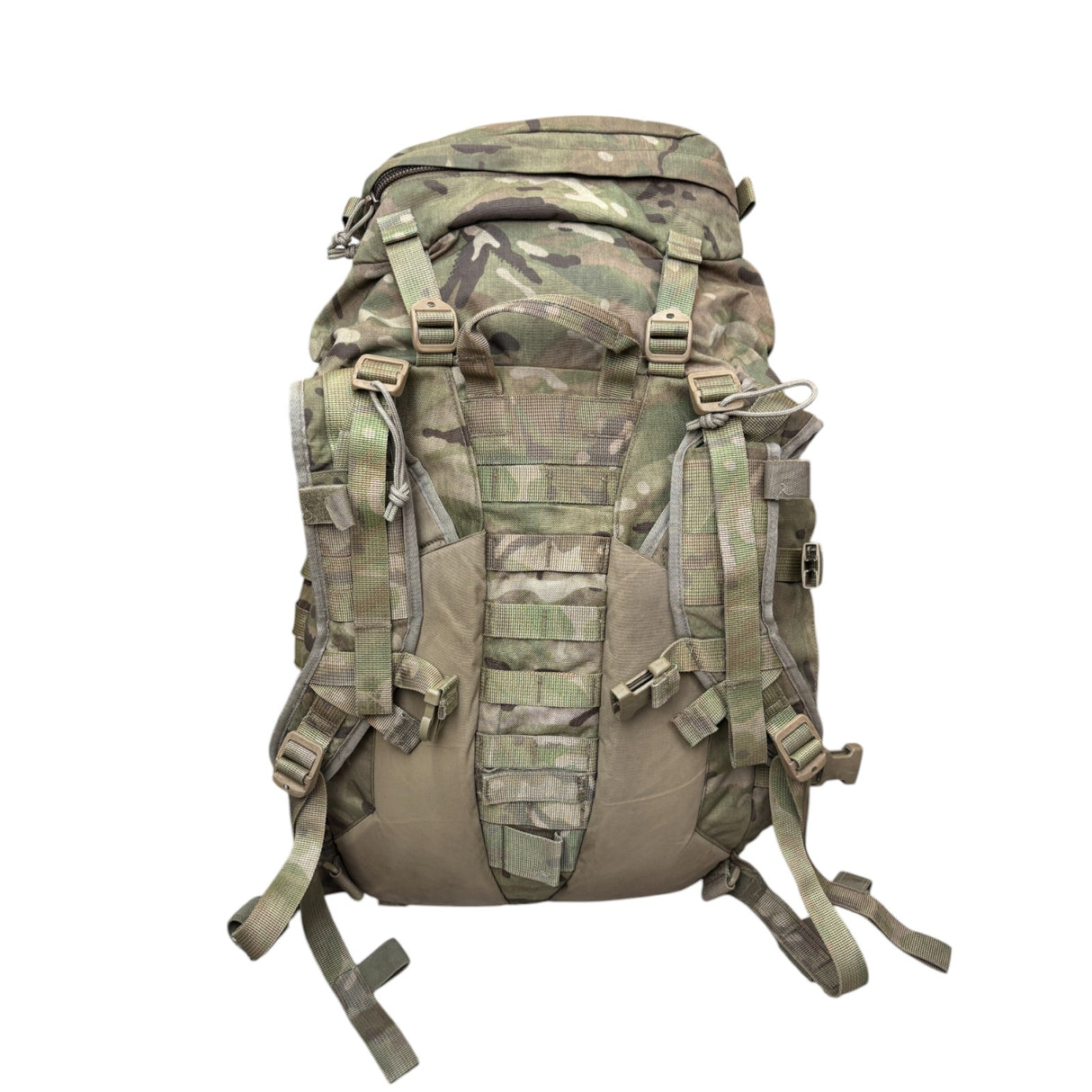 Rear view of a Virtus 40L MTP Daysack showing adjustable padded shoulder straps, sternum strap, and MOLLE loops on the back panel
