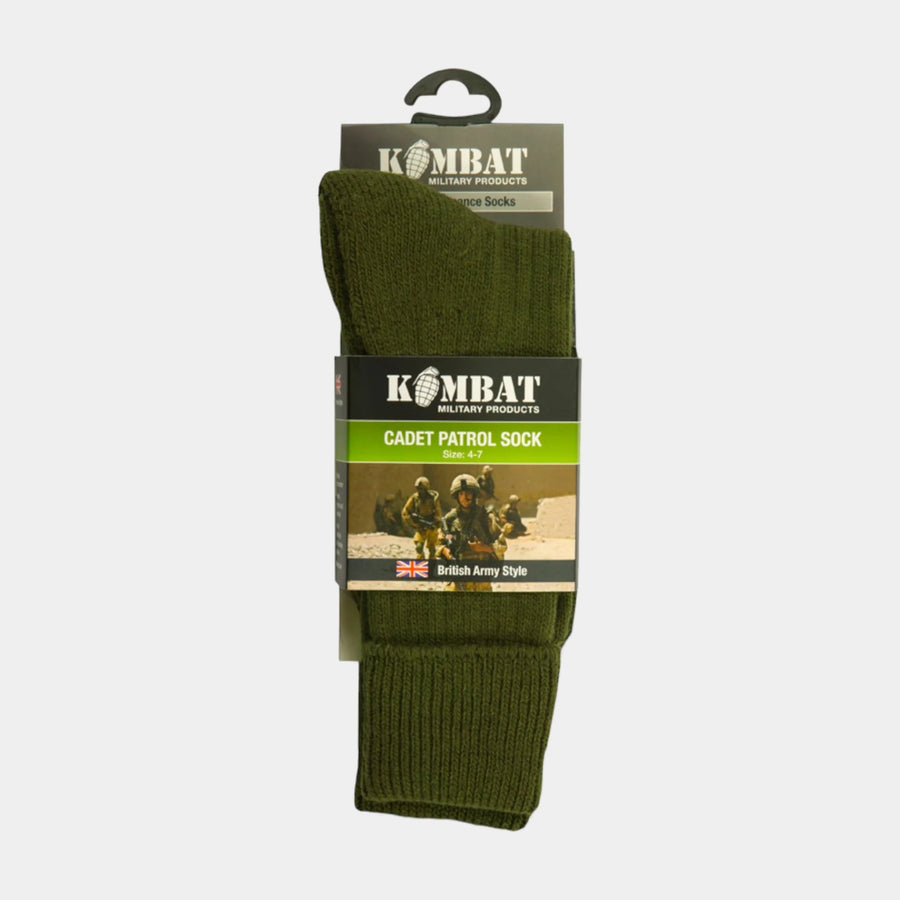 Kombat Cadet Socks in Olive Green - Warm, durable, and comfortable combat socks designed for outdoor activities. Made from a blend of acrylic, wool, and nylon. Reinforced sole for added comfort. One size fits UK 4-7