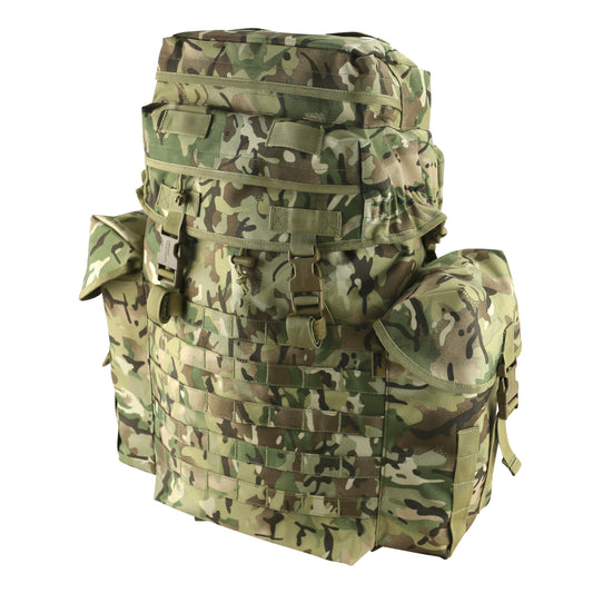 Comfortable backpack with padded airflow back system and wide shoulder straps. Includes fixed side pockets, zipped lid pockets, and Molle-compatible front panel. For military, camping, hiking and outdoor use.
