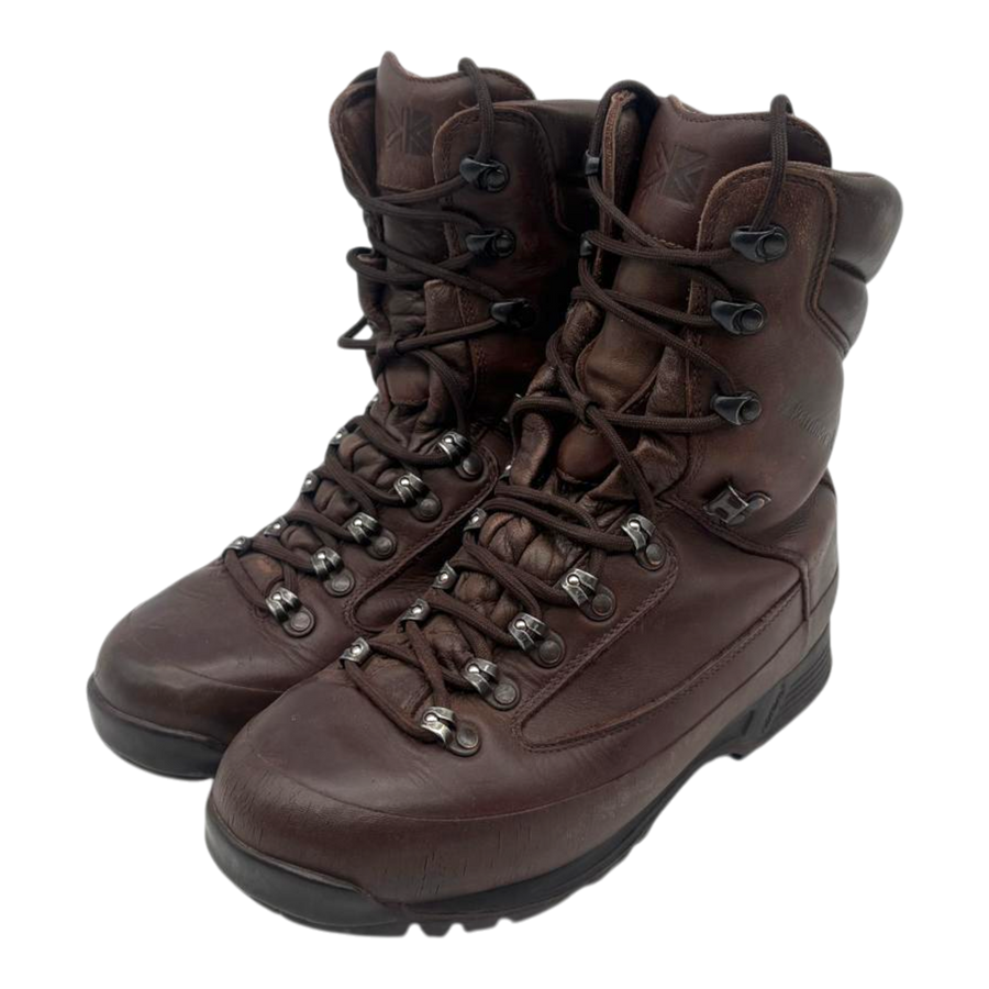 Pair of brown leather Karrimor SF British Army combat boots, front three-quarter view, laced, on white background.