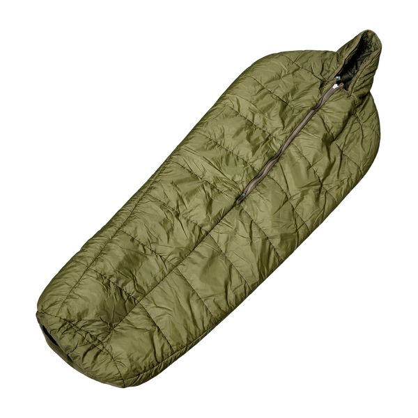 British Army Arctic sleeping bag in olive green, unfolded with hood and central zip