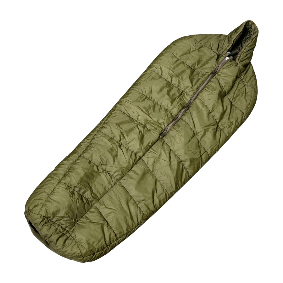 British Army Arctic sleeping bag in olive green, unfolded with hood and central zip