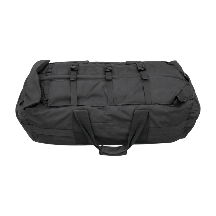 British Army black deployment bag 100L holdall with carry handles and compression straps, front view