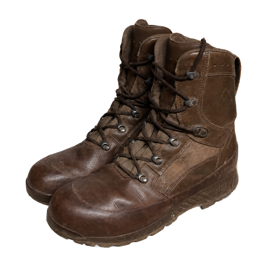 Pair of HAIX brown GORE-TEX British Army combat boots, front three-quarter view