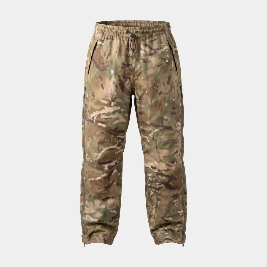 British Army MTP Lightweight Waterproof Gore-Tex Trousers front view, genuine military surplus over trousers in MTP camouflage with drawcord waist and full-length leg zips