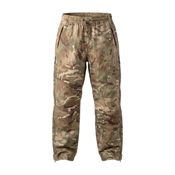British Army MTP Lightweight Waterproof Gore-Tex Trousers front view, genuine military surplus over trousers in MTP camouflage with drawcord waist and full-length leg zips