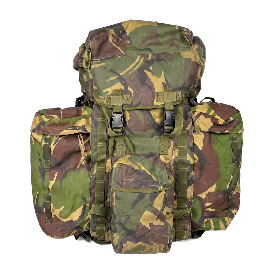 Genuine British Army DPM bergen 100L PLCE rucksack, front view with both side pockets fitted
