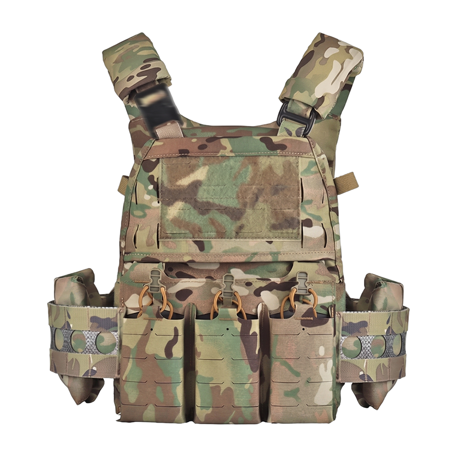 V5 tactical plate carrier in Multicam with triple 5.56 magazine pouch – front view