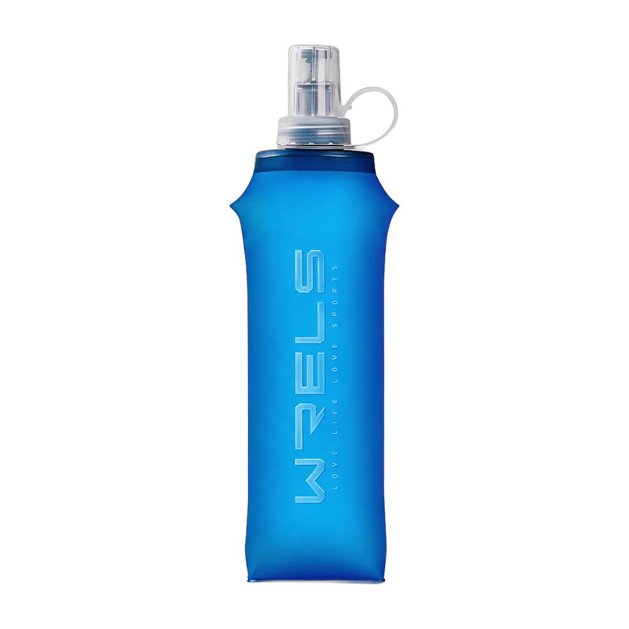 WRELS collapsible soft flask 500ml in blue, filled and standing upright