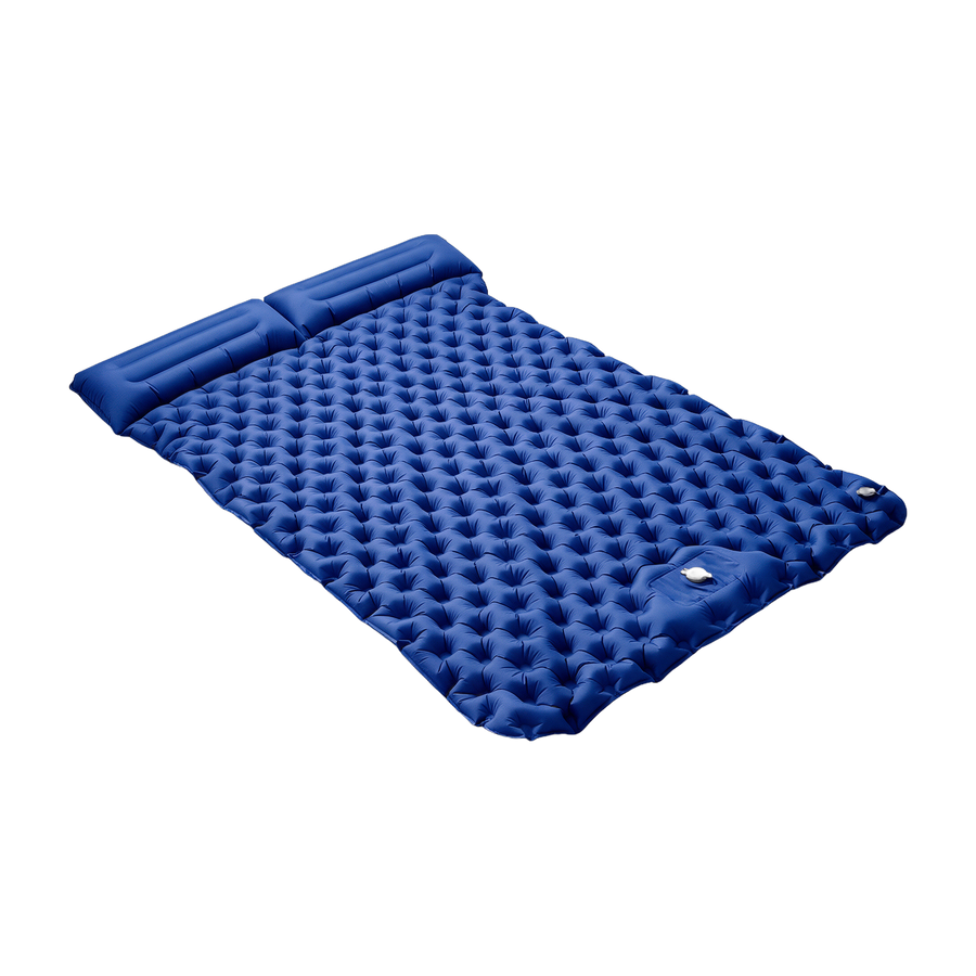 Royal blue double camping sleeping mat with built-in pump, fully inflated