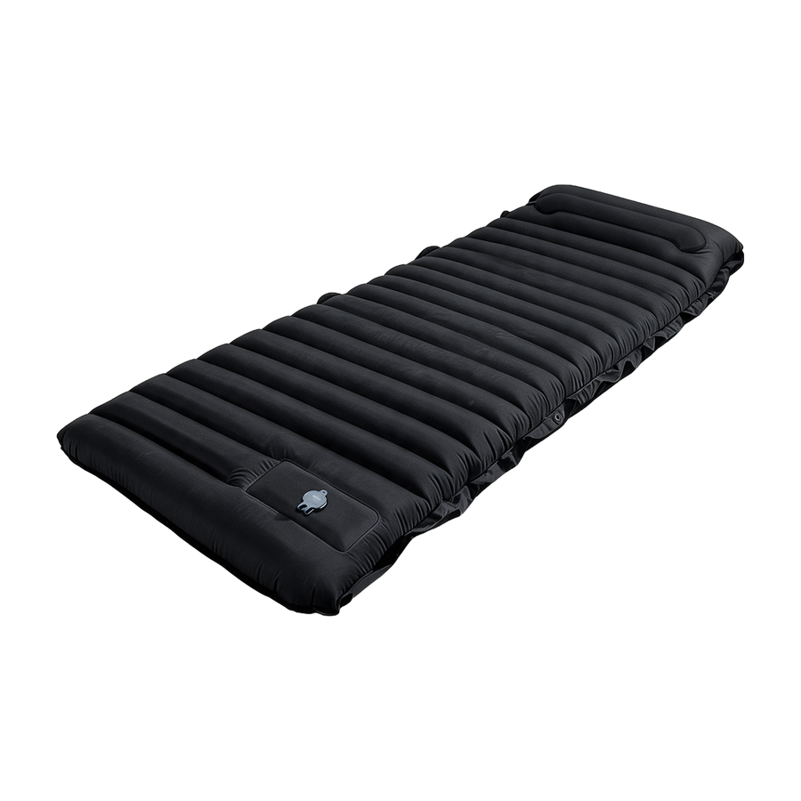 Black self-inflating sleeping mat with built-in pump, fully inflated