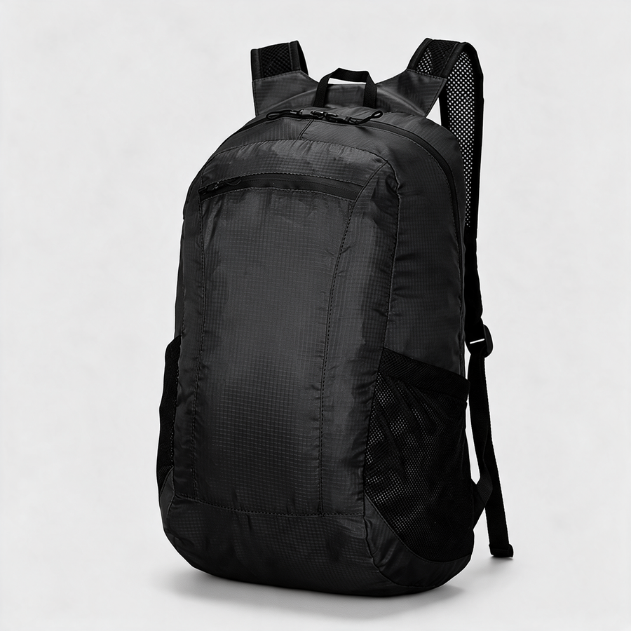Black 20L packable foldaway daypack, unbranded, front three-quarter view