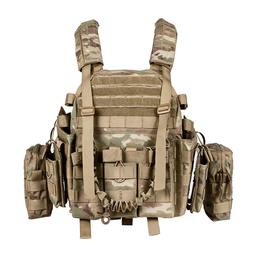 Battalion Quick-Release Tactical MOLLE Vest in Multicam, front view with magazine pouches