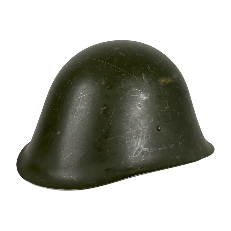 Romanian Army M73 steel combat helmet in olive green, three-quarter view
