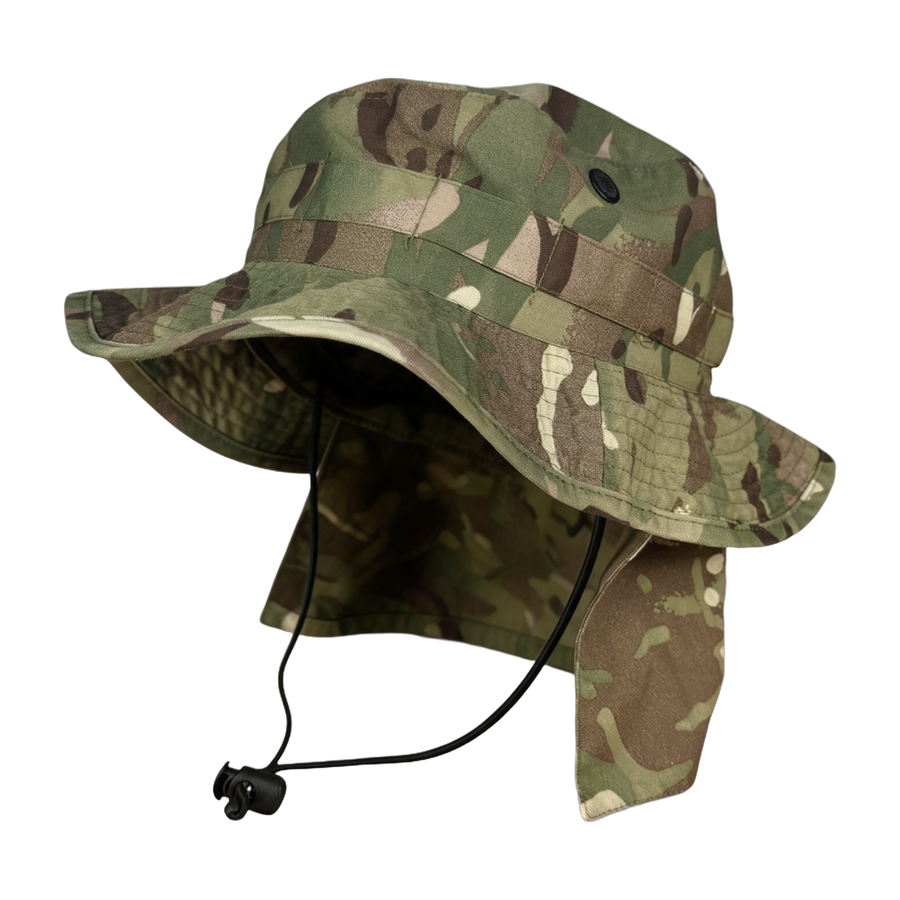 British Army MTP boonie hat with neck flap and chin strap, front three-quarter view
