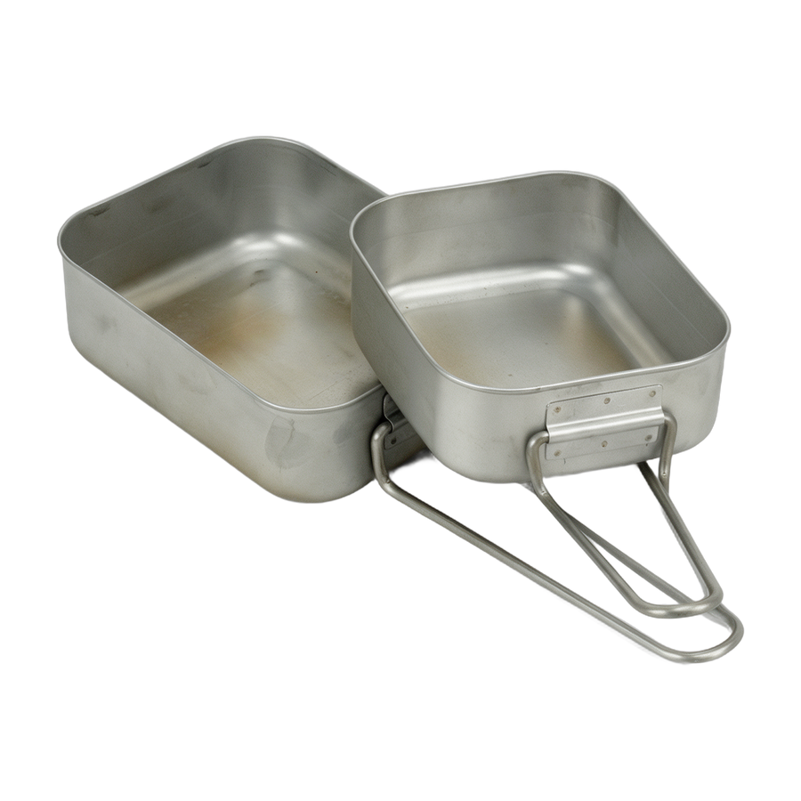 Genuine Dutch Army mess tin set, two nesting aluminium mess tins with folding handles