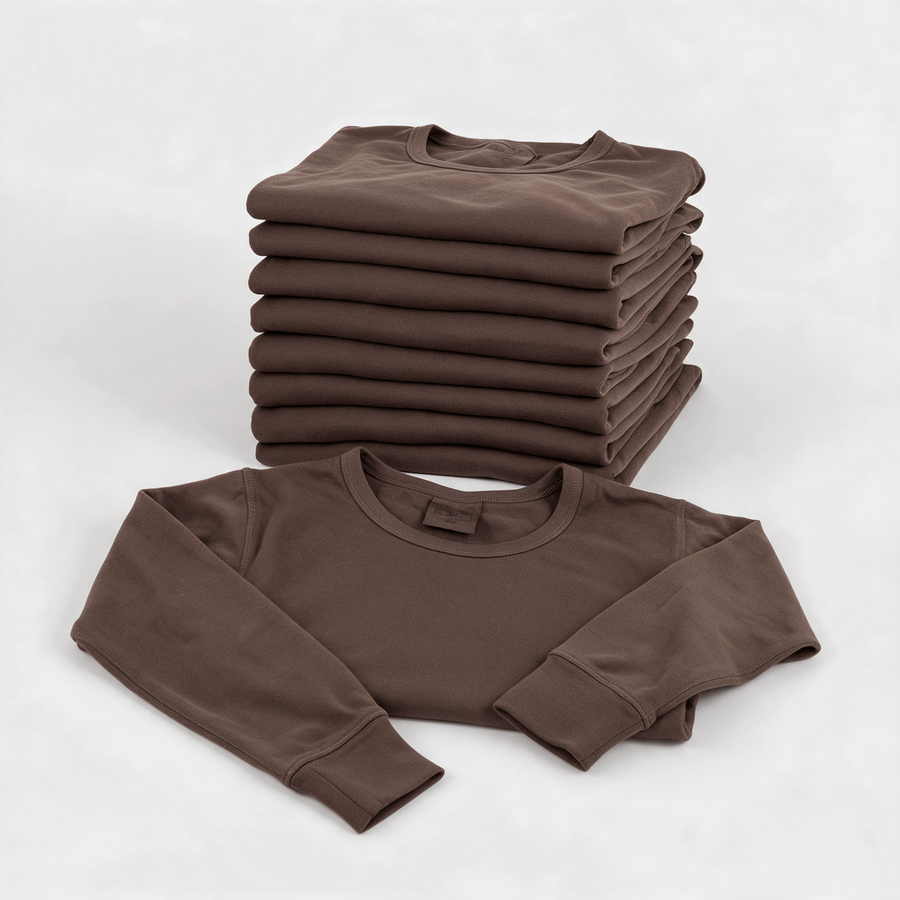 Stack of ten brown British Army long sleeve thermal base layer tops - bulk pack of 10