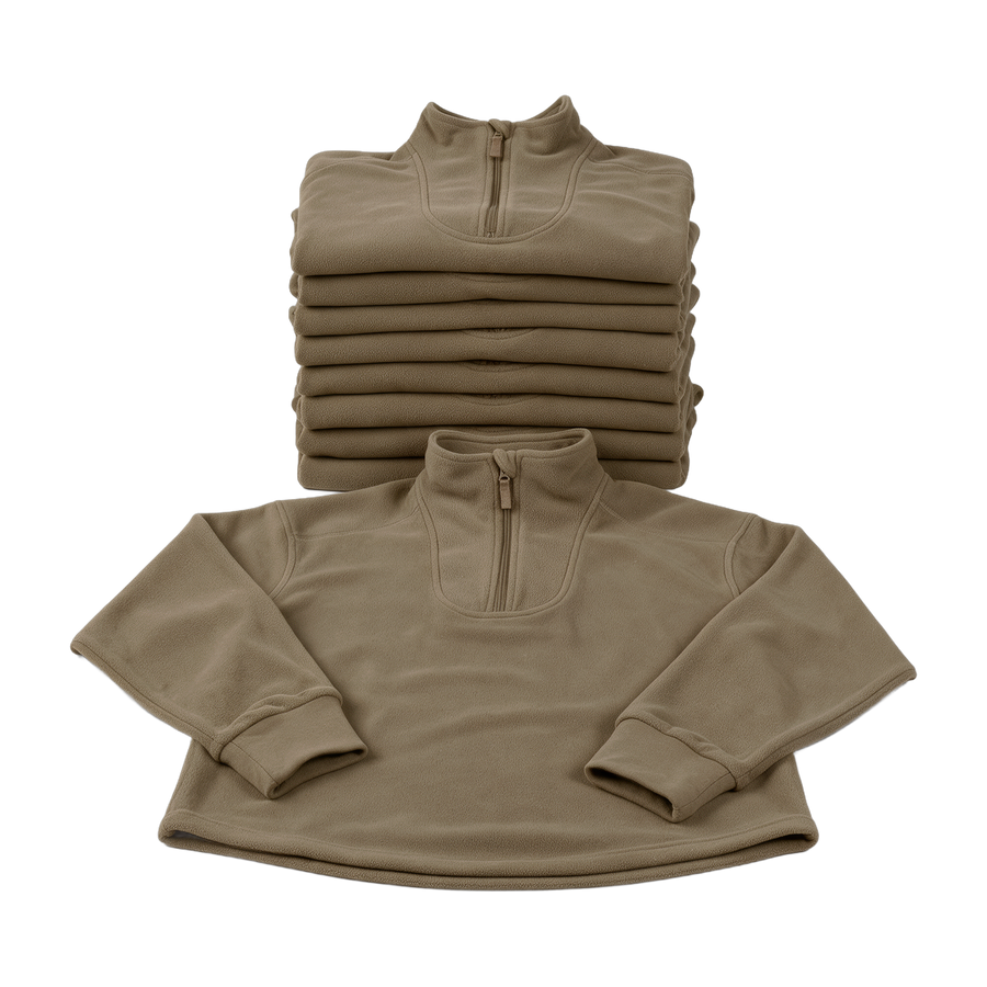Stack of ten light olive British Army PCS thermal fleece Norgie tops - bulk pack of 10