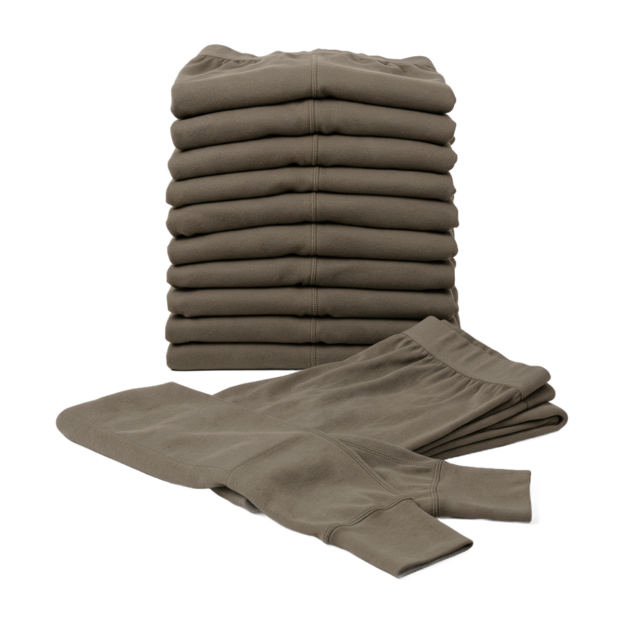 Stack of ten pairs of brown British Army thermal bottoms - bulk pack of 10 pairs