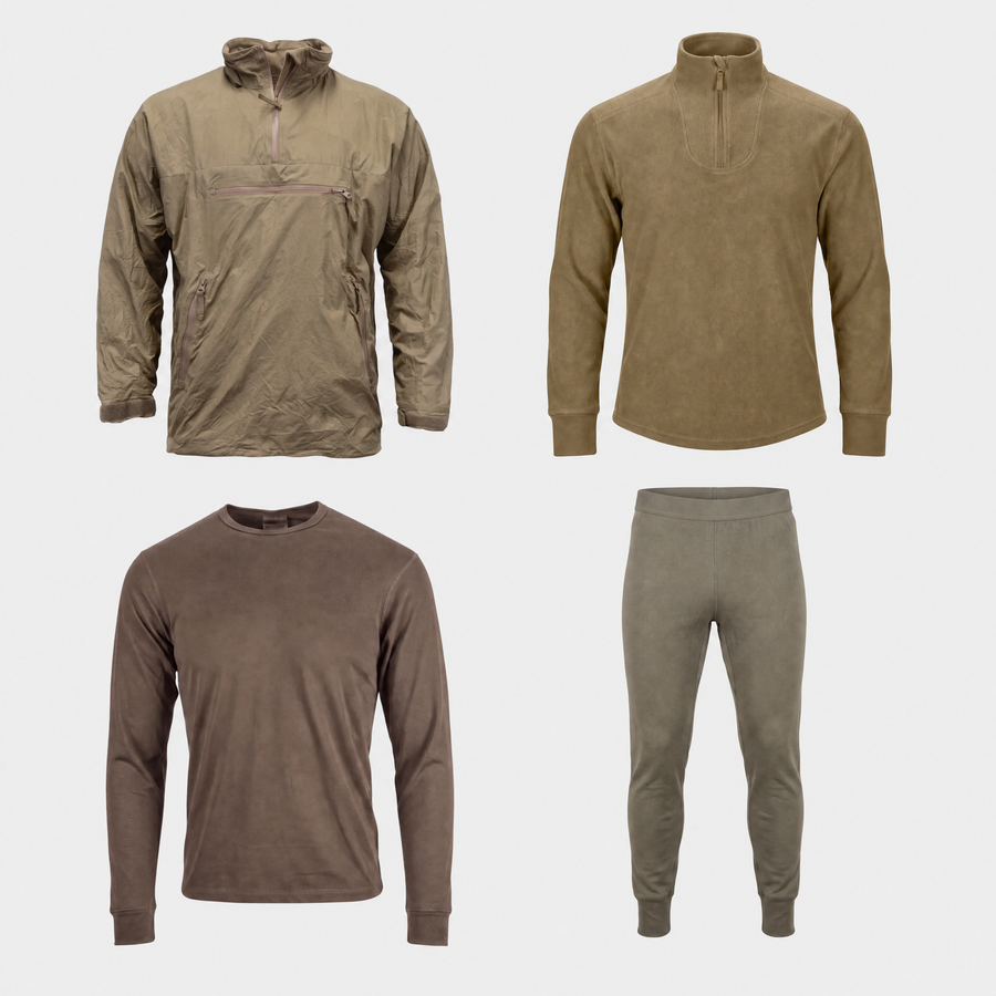 British Army Cold Weather Setup – 4 piece thermal layering set: PCS thermal smock, Norgie fleece, long sleeve thermal top and thermal bottoms