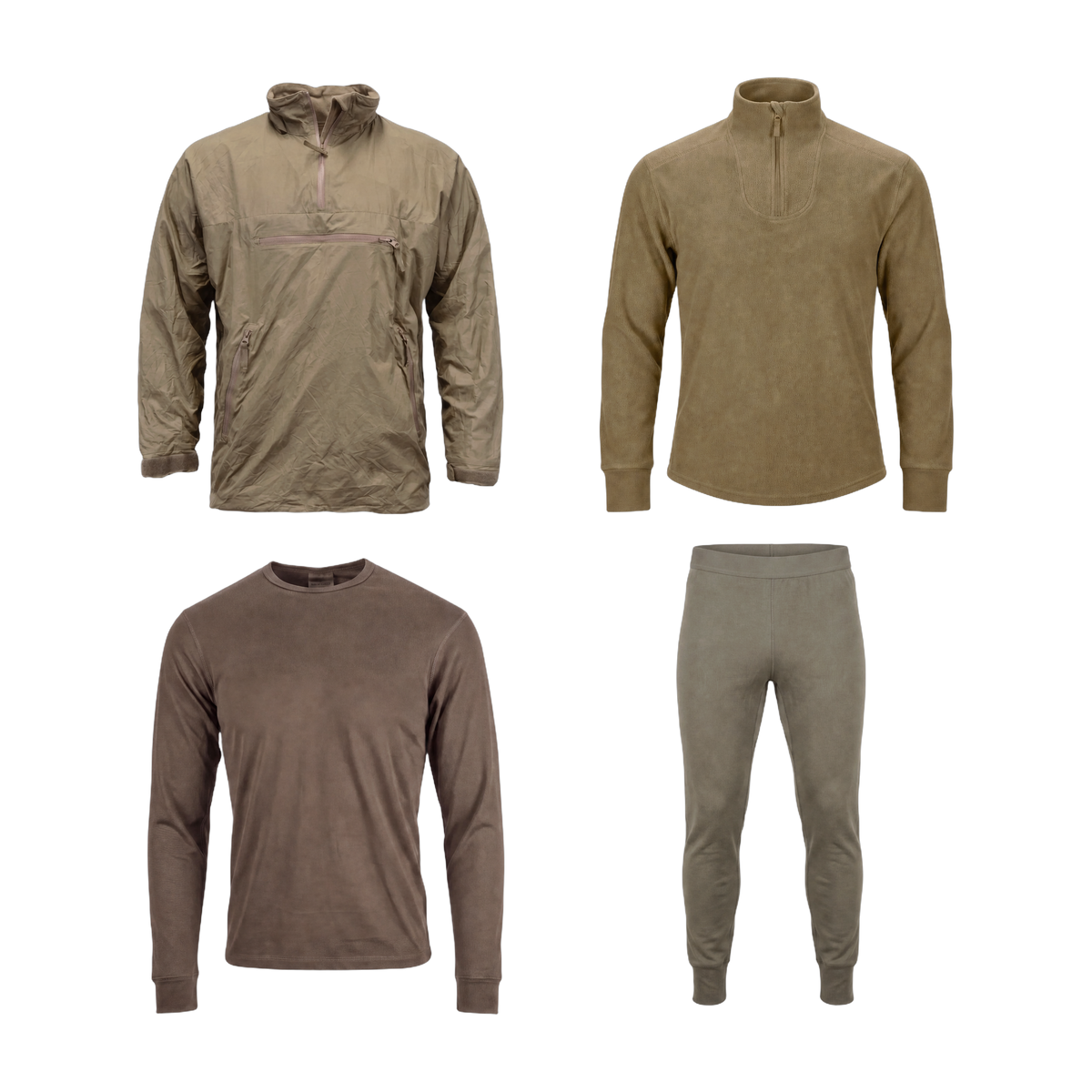 British Army Cold Weather Setup – 4 piece thermal layering set: PCS thermal smock, Norgie fleece, long sleeve thermal top and thermal bottoms