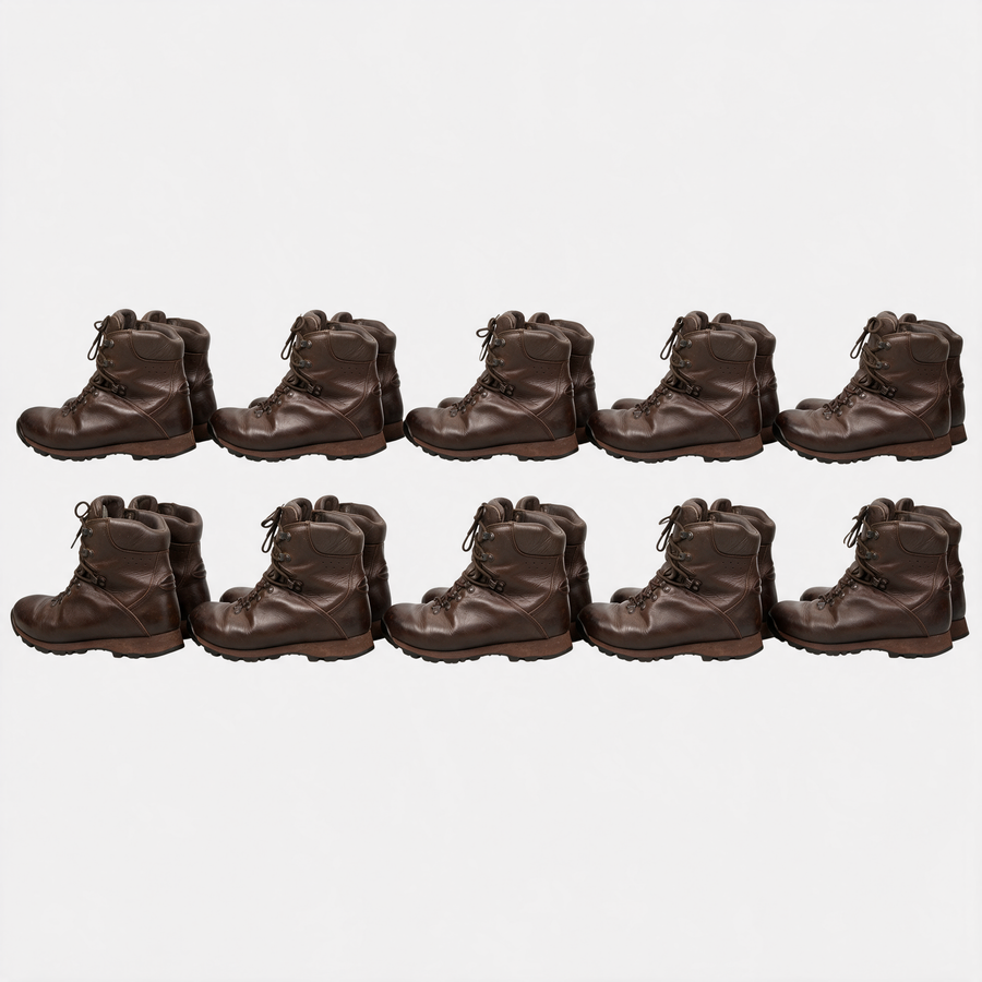 Ten pairs of Iturri brown leather British Army patrol combat boots, side profile