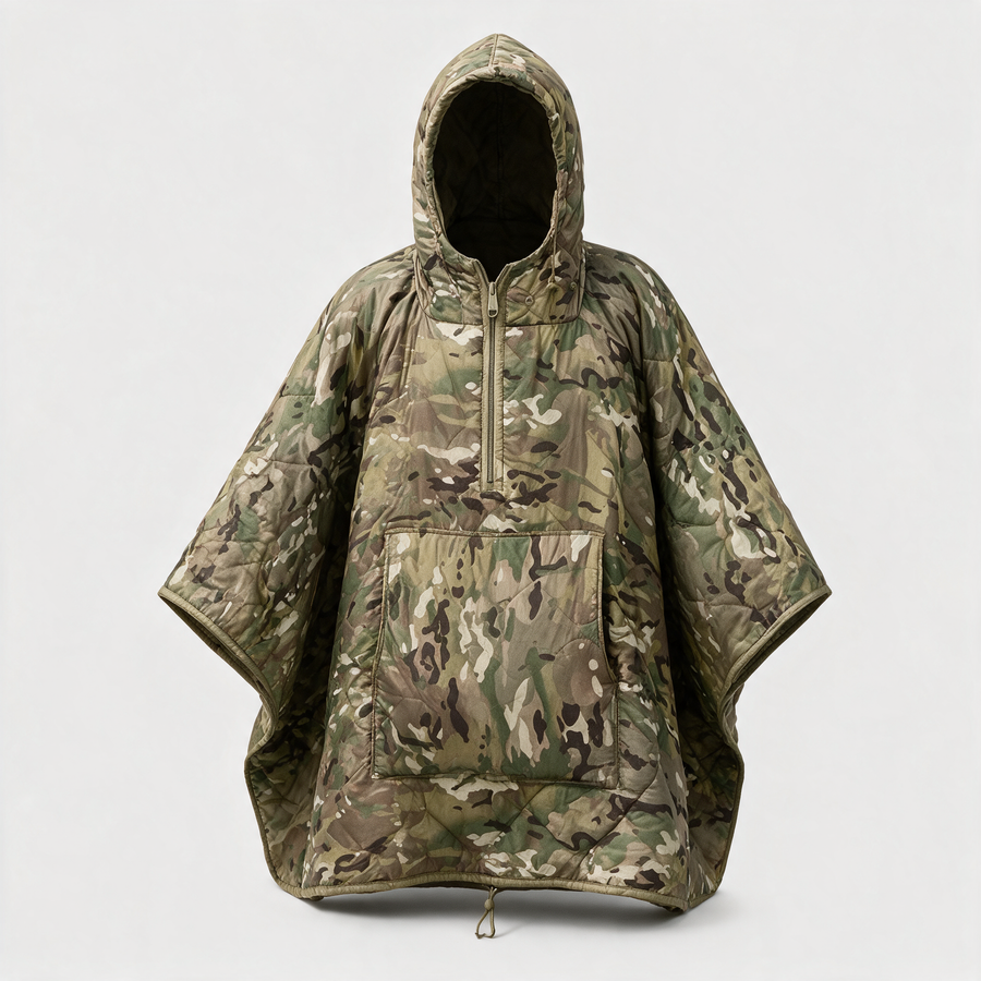 Battalion hooded poncho liner in MTP camo, front view worn as a cape with the hood up
