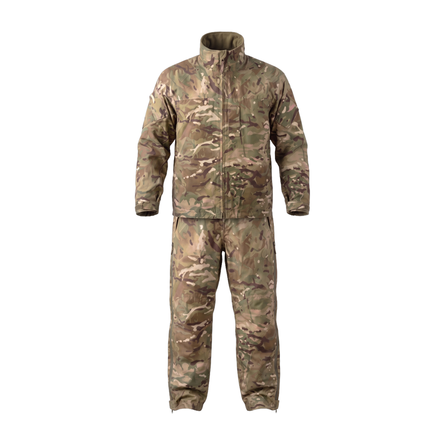 British Army MTP Waterproof Gore-Tex Jacket and Trousers Set front view, genuine military surplus lightweight waterproof jacket and over trousers in MTP camouflage