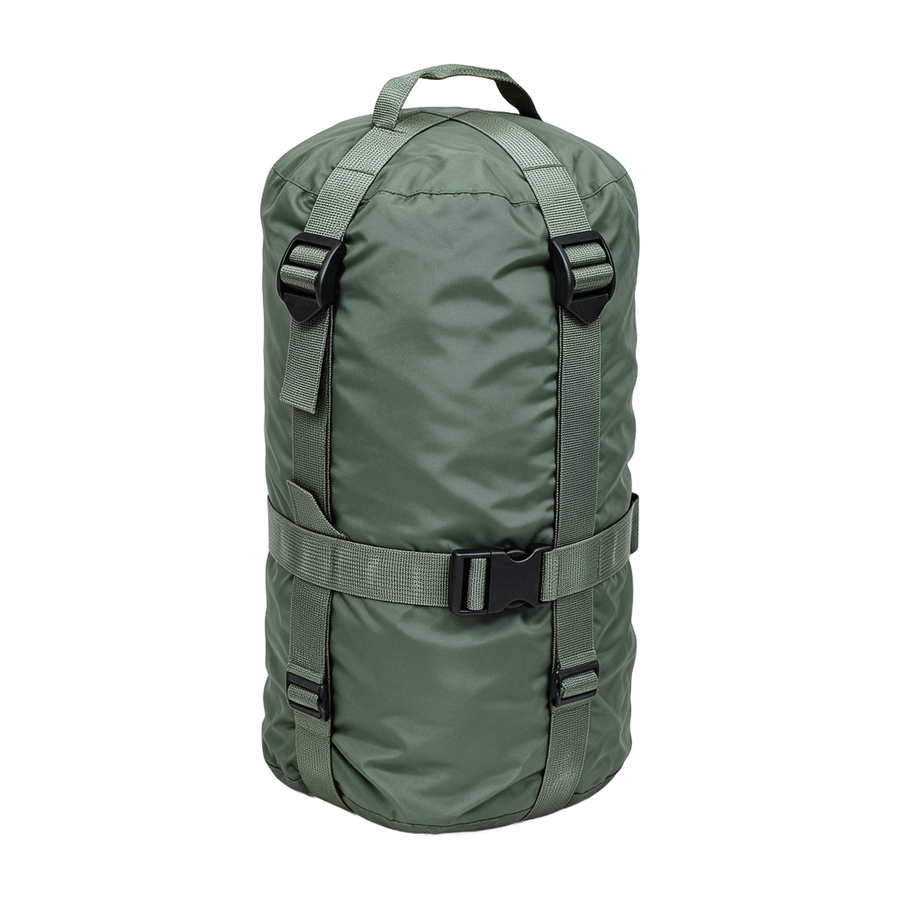 Genuine British Army lightweight sleeping bag compression sack, Grade 1, olive green nylon with webbing compression straps
