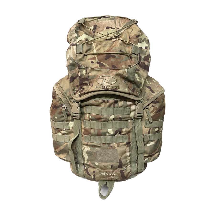 Highlander Pro-Force Forces 44L MTP camouflage rucksack front view on white - Grade 1