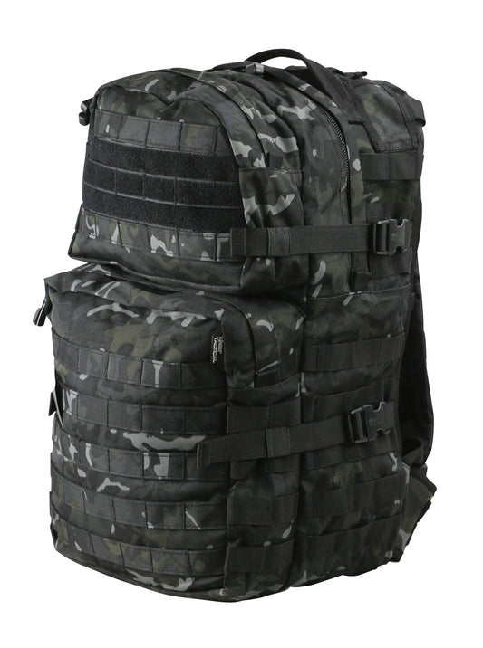 Army backpack with 28-litre capacity, padded back, waist belt, hydration bladder compartment, MOLLE strips, and multiple pockets for gear storage. For military use, camping and hikers.