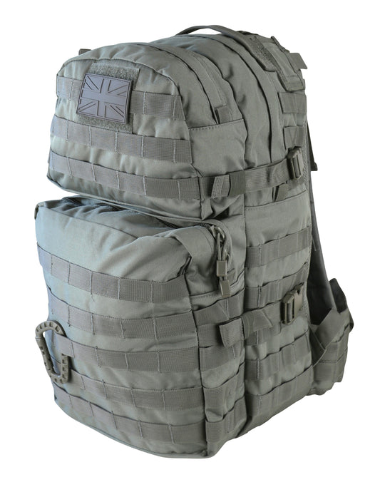   Army backpack with 28-litre capacity, padded back, waist belt, hydration bladder compartment, MOLLE strips, and multiple pockets for gear storage. For military use, camping and hikers.